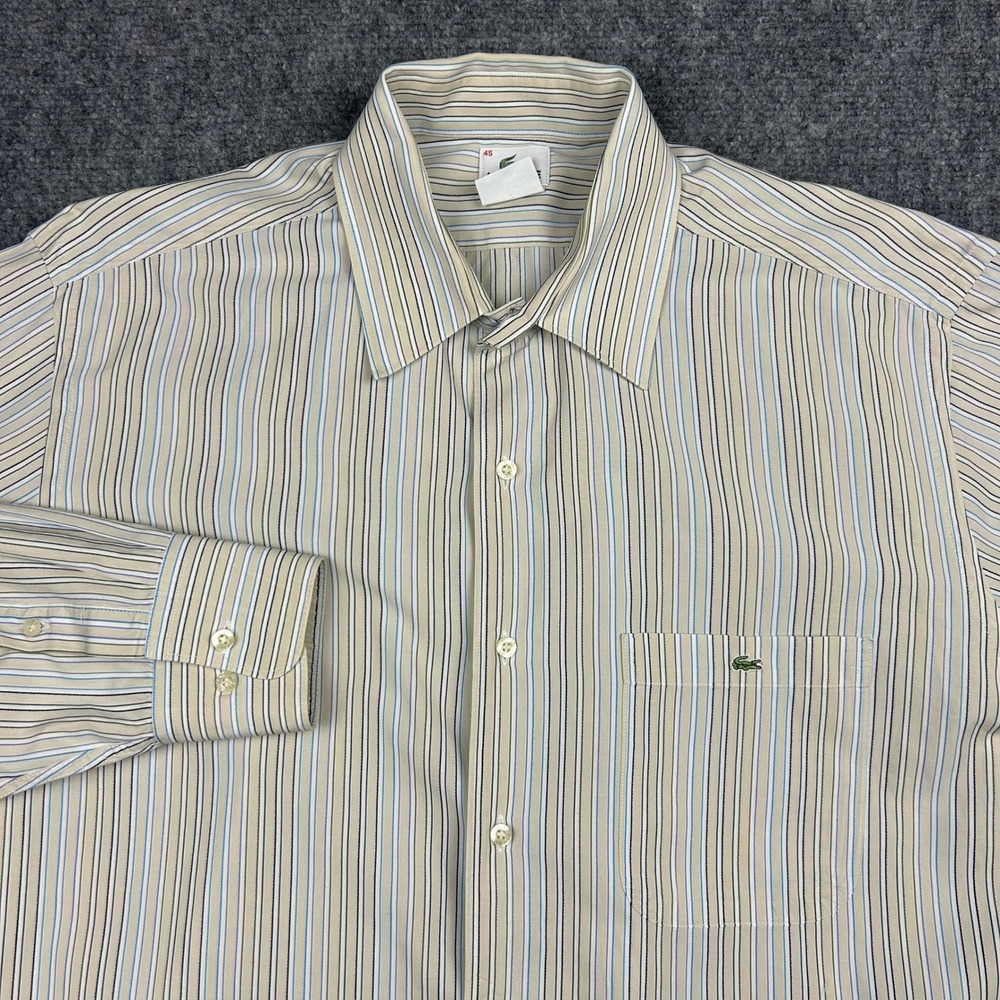 Lacoste Button Front Shirt Mens 45 XL Beige Striped Long Sleeve Logo Pocket